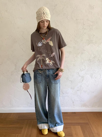 DIDDI MODA Bohemian Print Loose Fit Vintage Graphic Tee