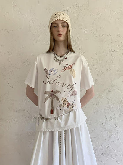 DIDDI MODA Bohemian Print Loose Fit Vintage Graphic Tee