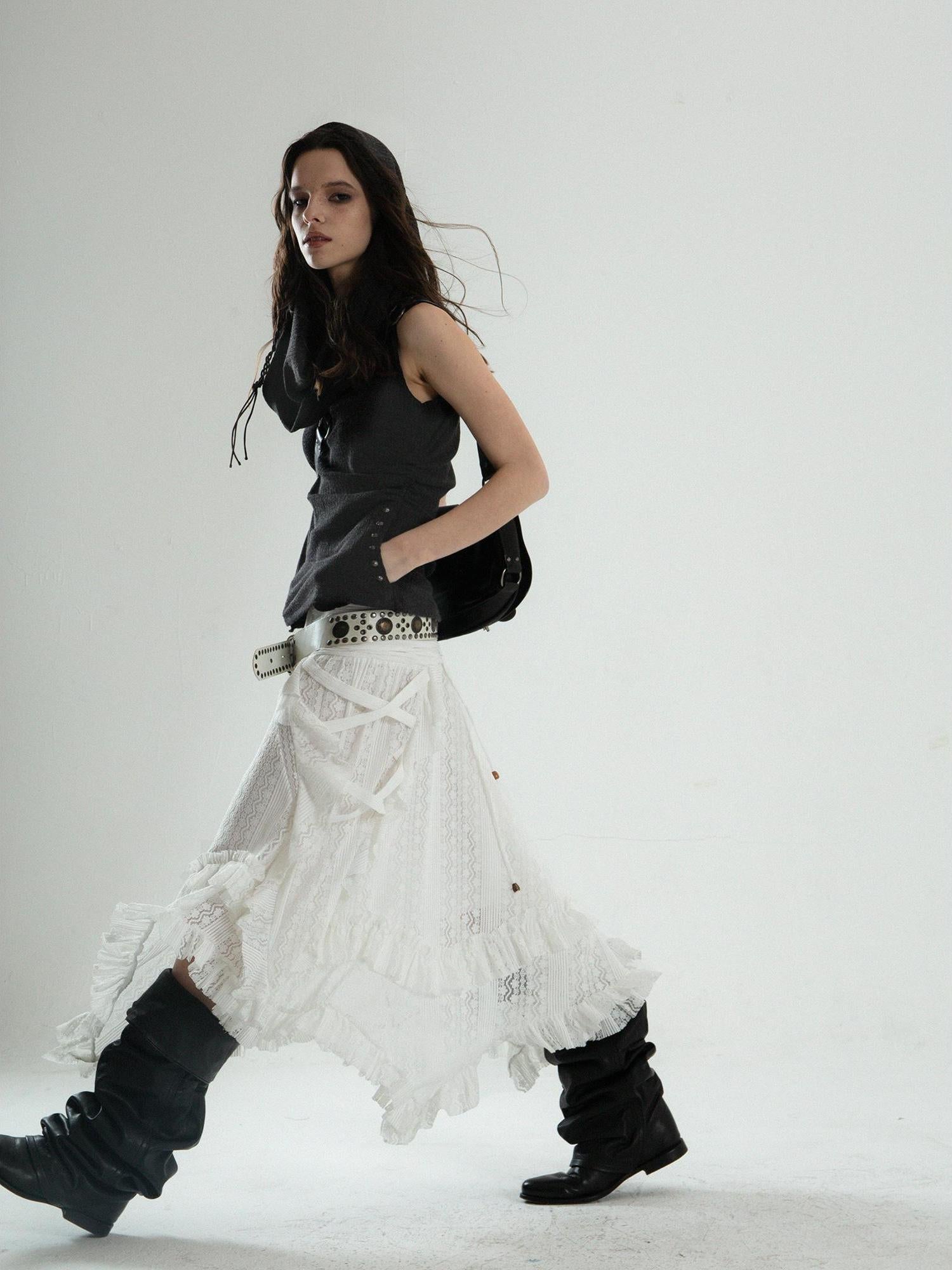 DoublePunch Bohemian Punk Asymmetric Hem Low Waist Flared Mini Skirt