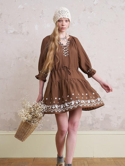 DIDDI MODA Bohemian V Neck Floral Print Drawstring Summer Dress