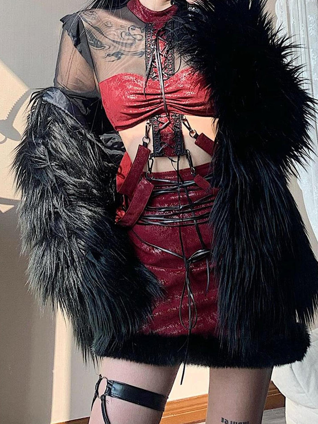 WSW WUSHENWU Bone Mist Red Black Net Y2K Edge Niche Top