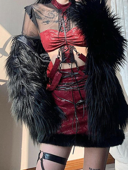 WSW WUSHENWU Bone Mist Red Black Net Y2K Edge Niche Top