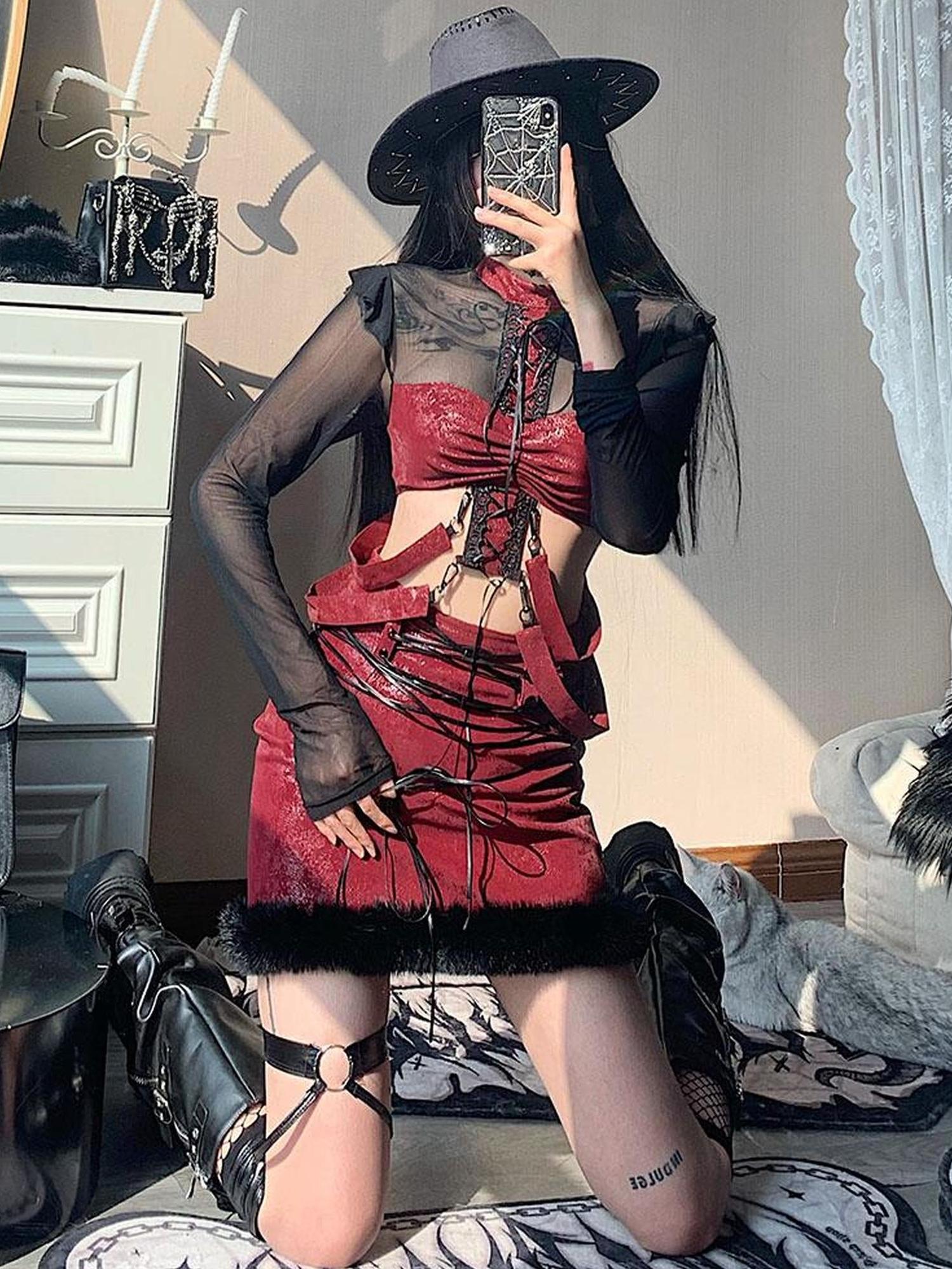 WSW WUSHENWU Bone Mist Red Black Net Y2K Edge Niche Top