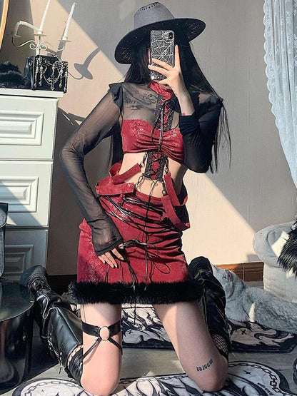 WSW WUSHENWU Bone Mist Red Black Net Y2K Edge Niche Top