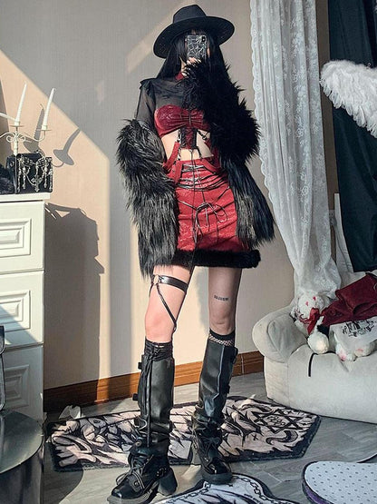 WSW WUSHENWU Bone Mist Red Black Net Y2K Edge Niche Top
