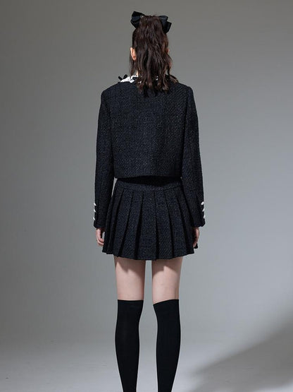 DIDDI MODA Bow Tie Chanel Style Knit Pleated Skirt Set