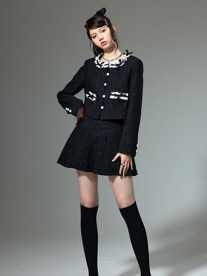 DIDDI MODA Bow Tie Chanel Style Knit Pleated Skirt Set