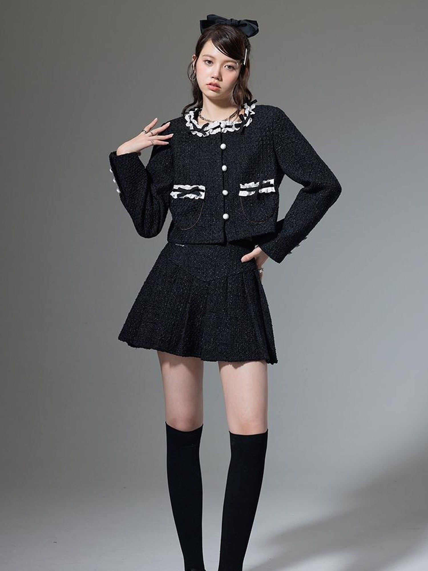 DIDDI MODA Bow Tie Chanel Style Knit Pleated Skirt Set