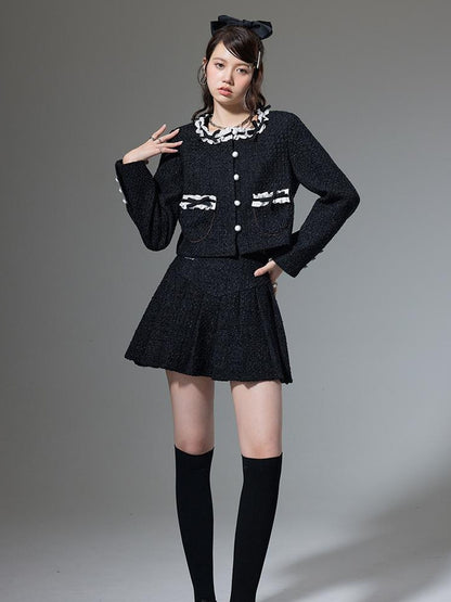 DIDDI MODA Bow Tie Chanel Style Knit Pleated Skirt Set