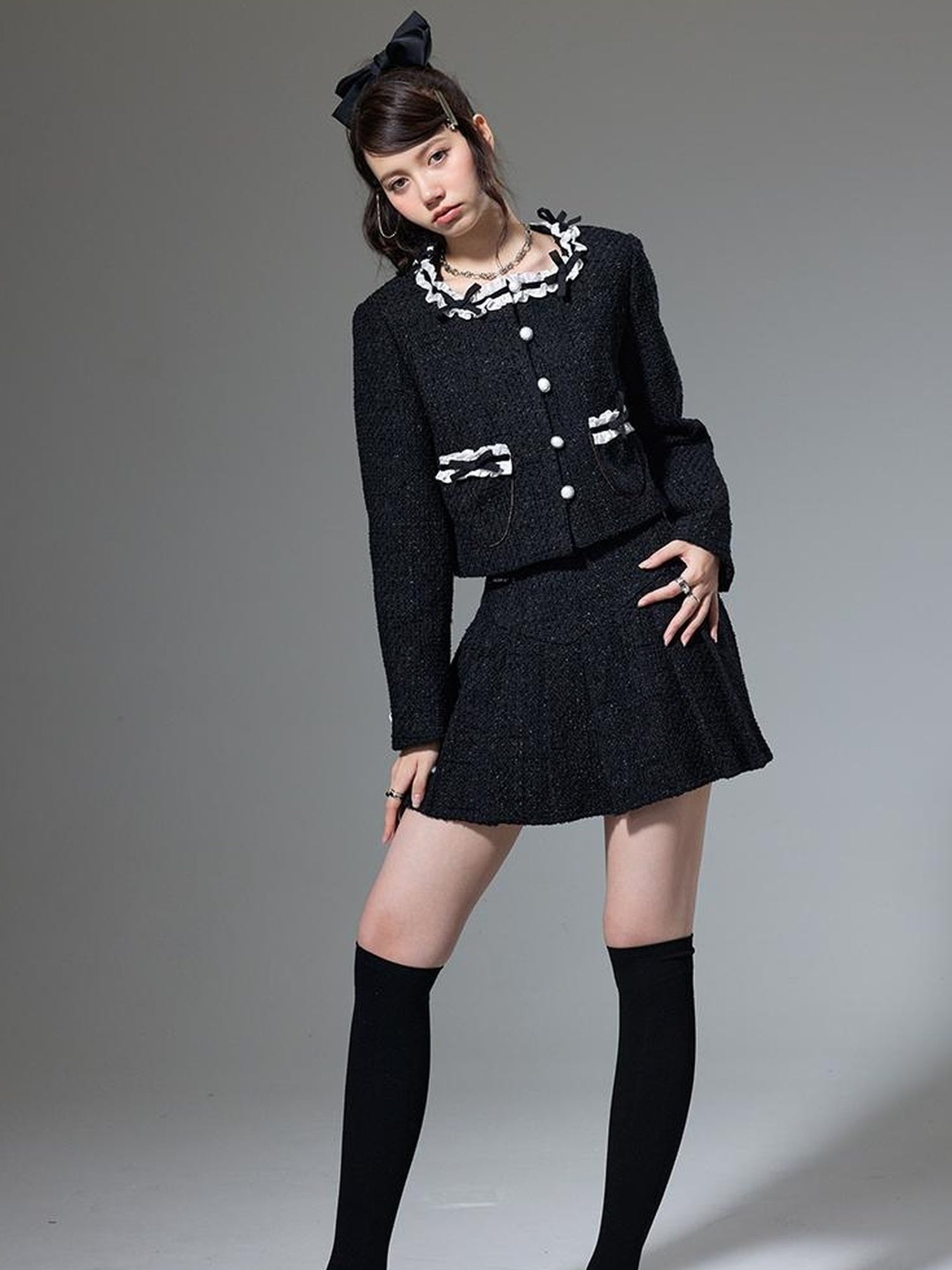 DIDDI MODA Bow Tie Chanel Style Knit Pleated Skirt Set