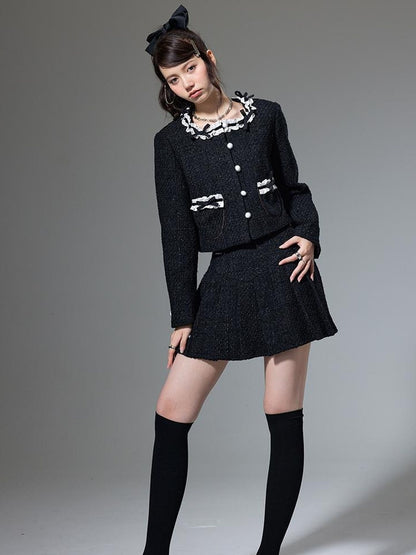 DIDDI MODA Bow Tie Chanel Style Knit Pleated Skirt Set