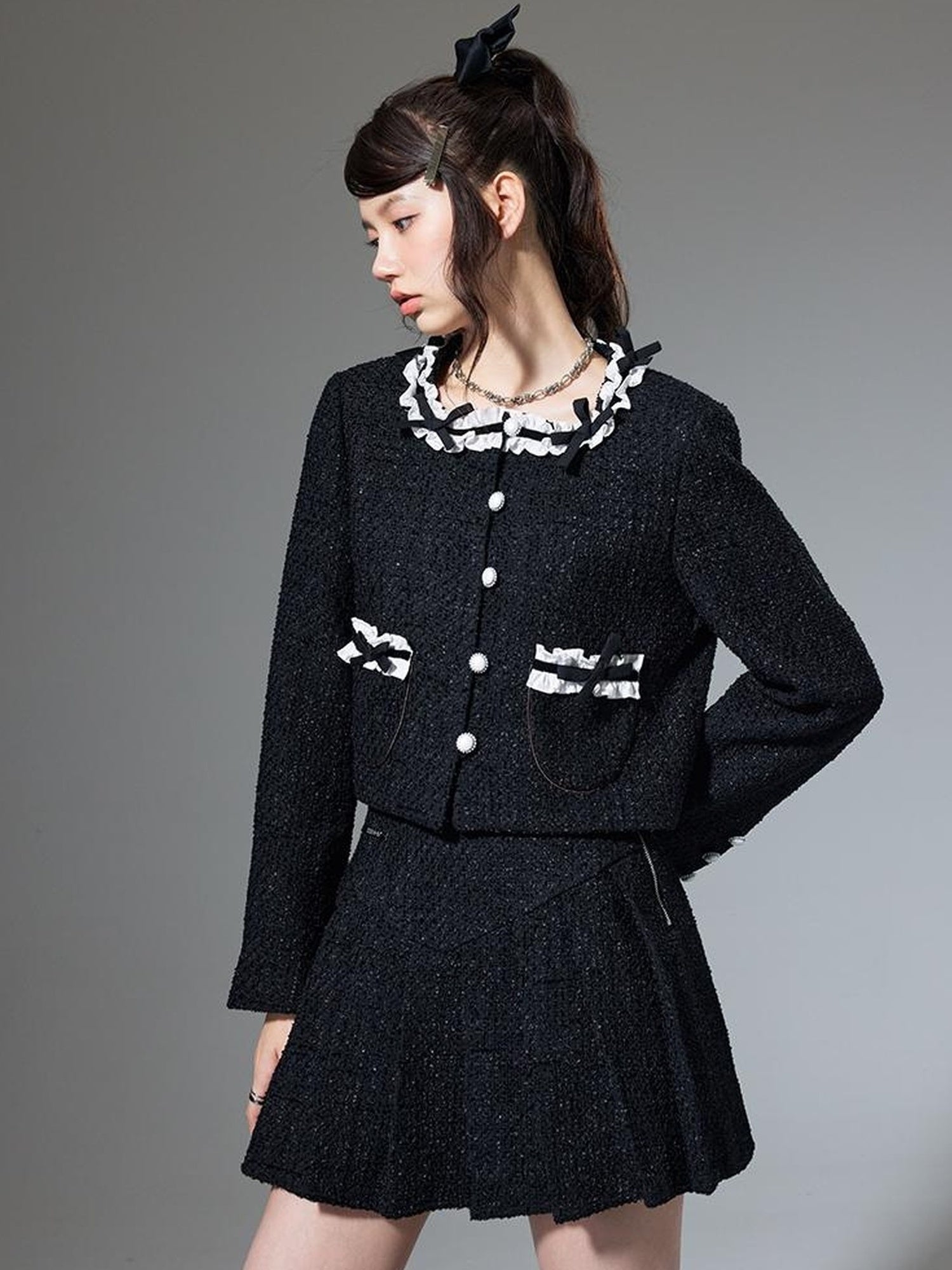 DIDDI MODA Bow Tie Chanel Style Knit Pleated Skirt Set