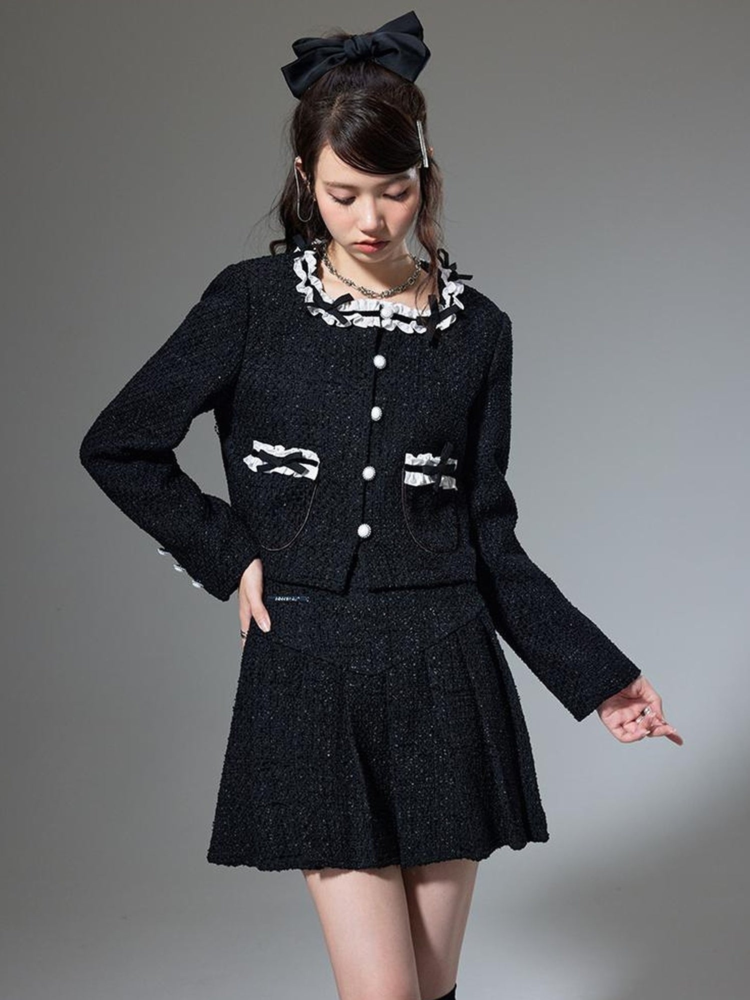 DIDDI MODA Bow Tie Chanel Style Knit Pleated Skirt Set
