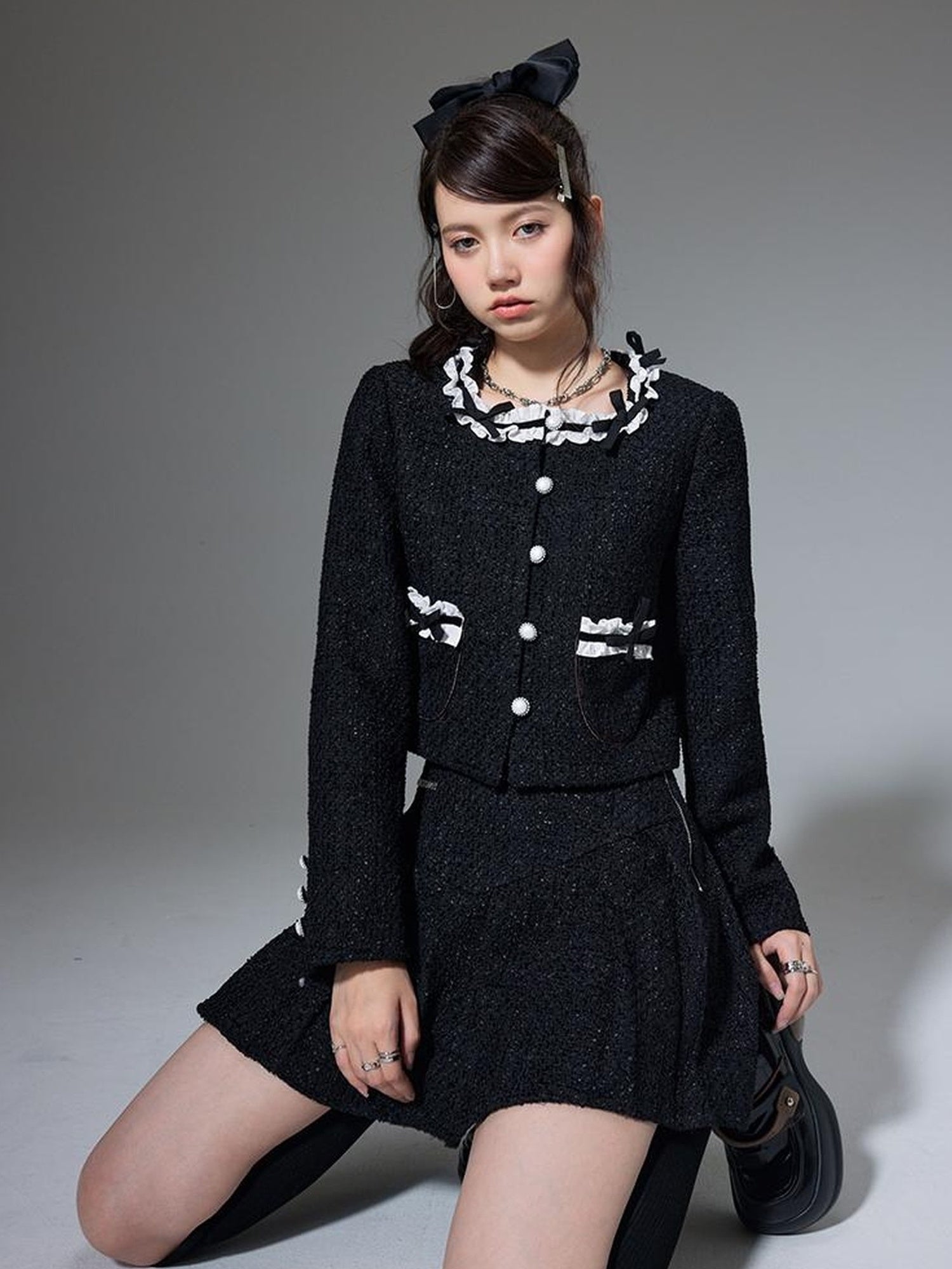 DIDDI MODA Bow Tie Chanel Style Knit Pleated Skirt Set