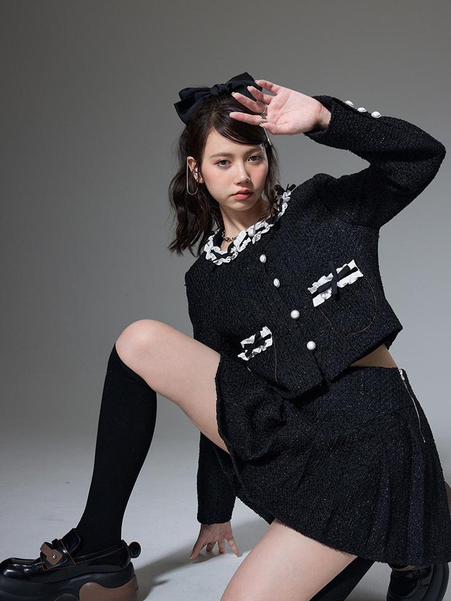 DIDDI MODA Bow Tie Chanel Style Knit Pleated Skirt Set