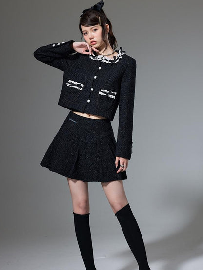 DIDDI MODA Bow Tie Chanel Style Knit Pleated Skirt Set
