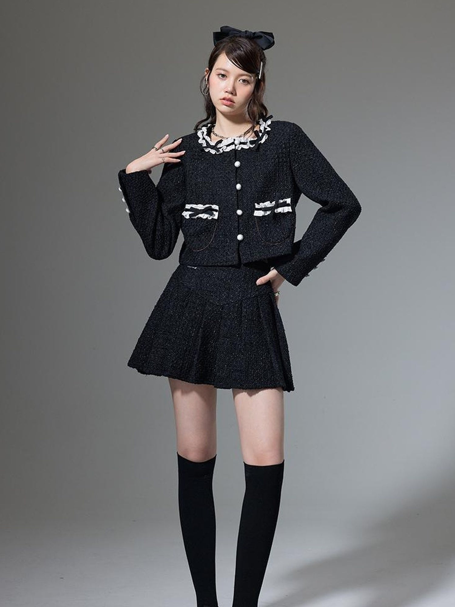 DIDDI MODA Bow Tie Chanel Style Knit Pleated Skirt Set