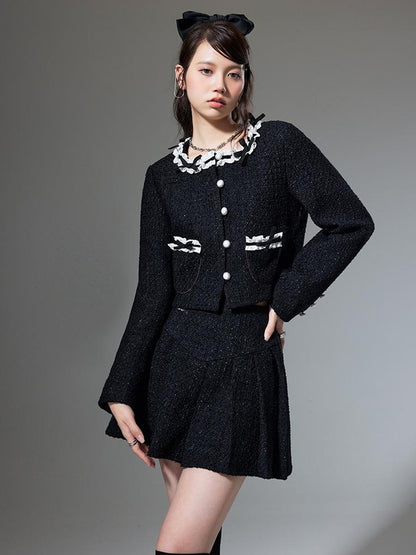 DIDDI MODA Bow Tie Chanel Style Knit Pleated Skirt Set