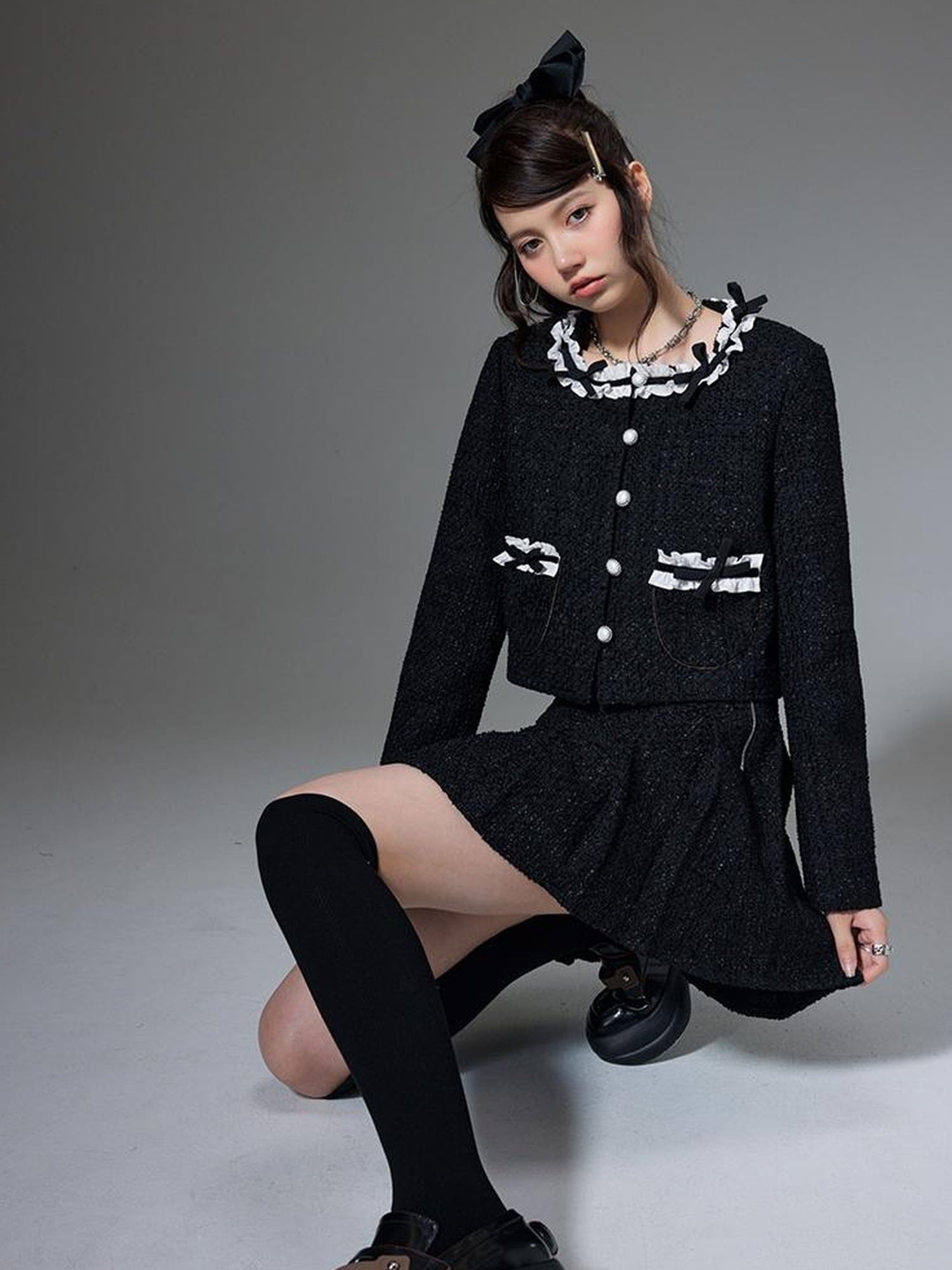 DIDDI MODA Bow Tie Chanel Style Knit Pleated Skirt Set