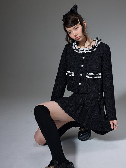DIDDI MODA Bow Tie Chanel Style Knit Pleated Skirt Set
