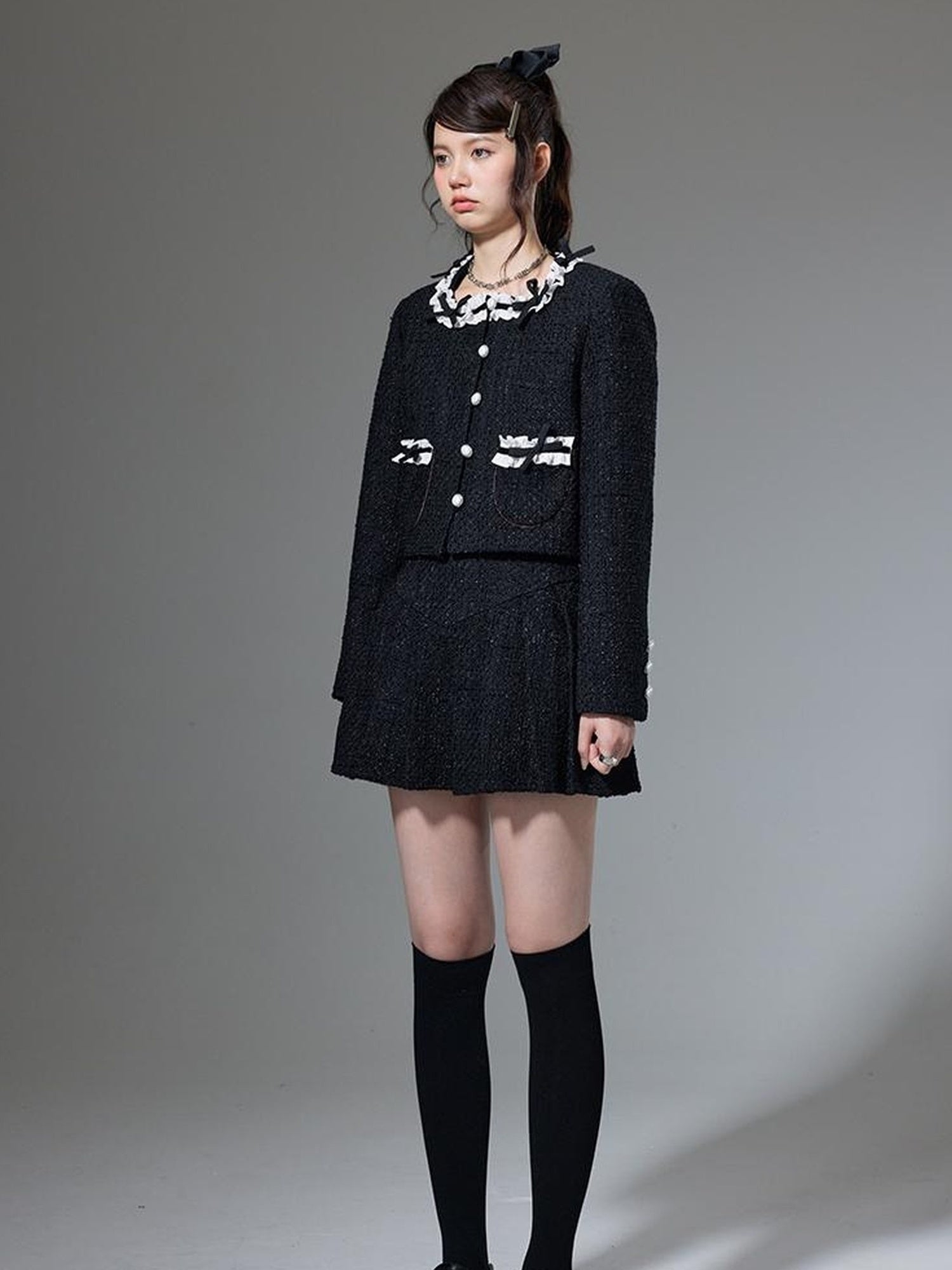 DIDDI MODA Bow Tie Chanel Style Knit Pleated Skirt Set