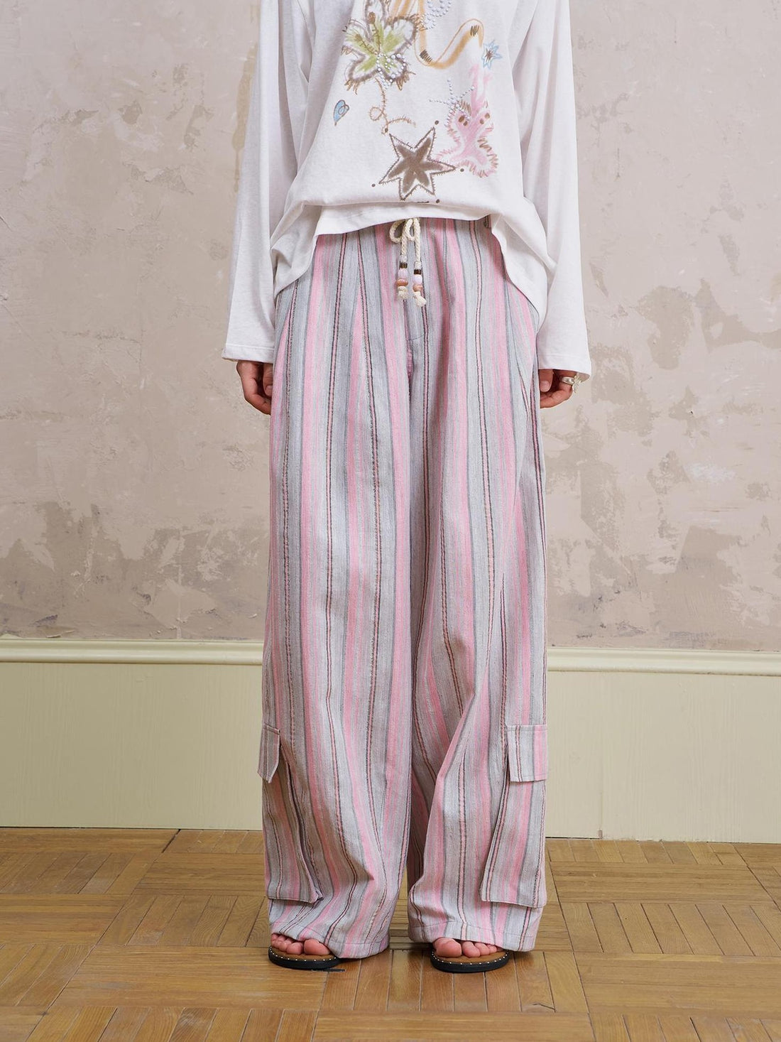 DIDDI MODA Breathable Striped Linen Feel Cotton Wide Leg Pants