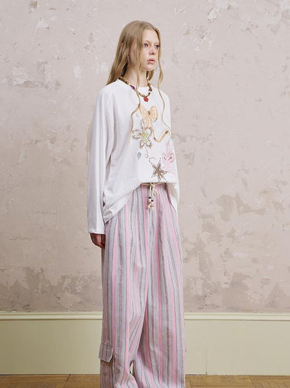 DIDDI MODA Breathable Striped Linen Feel Cotton Wide Leg Pants