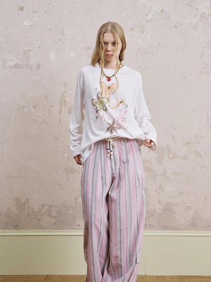 DIDDI MODA Breathable Striped Linen Feel Cotton Wide Leg Pants