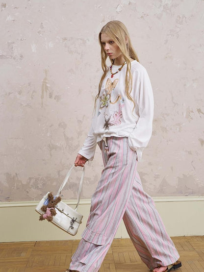 DIDDI MODA Breathable Striped Linen Feel Cotton Wide Leg Pants