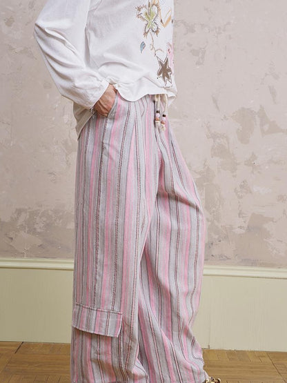 DIDDI MODA Breathable Striped Linen Feel Cotton Wide Leg Pants