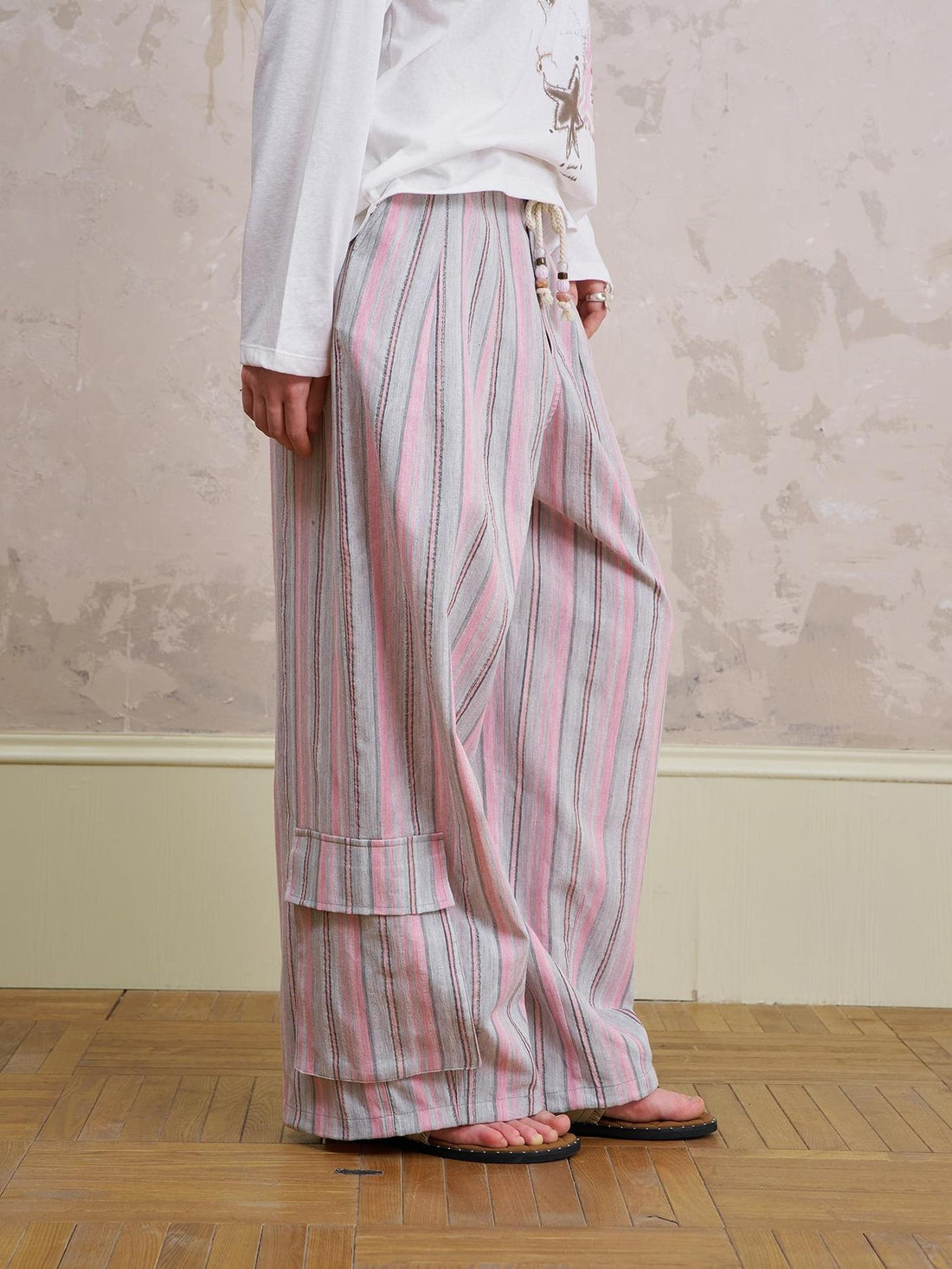 DIDDI MODA Breathable Striped Linen Feel Cotton Wide Leg Pants
