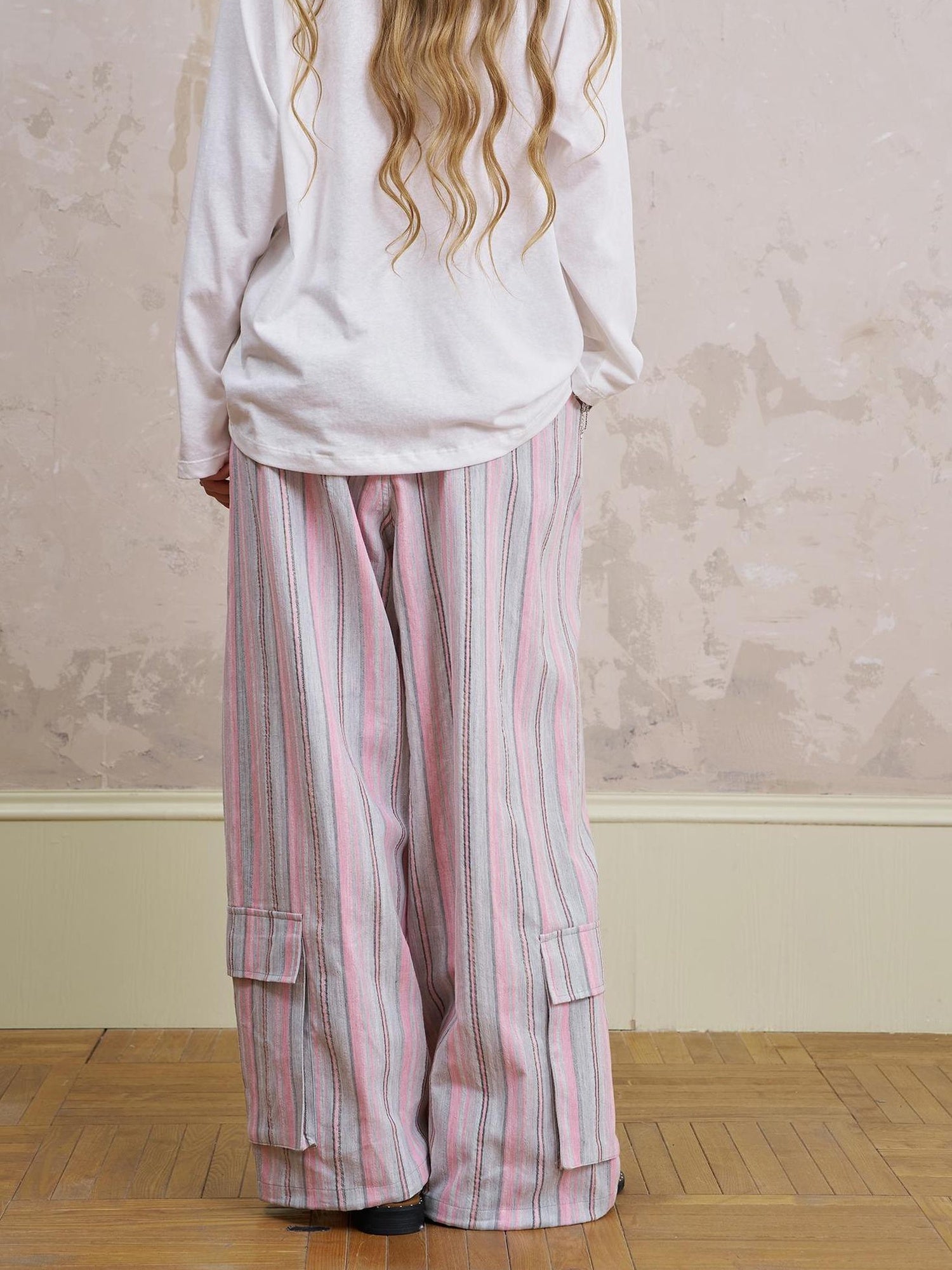 DIDDI MODA Breathable Striped Linen Feel Cotton Wide Leg Pants