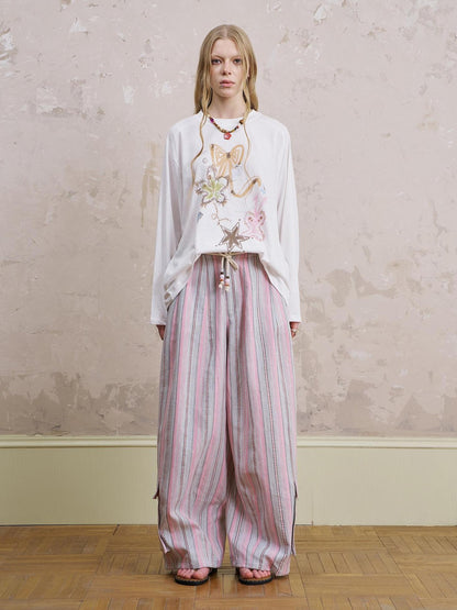 DIDDI MODA Breathable Striped Linen Feel Cotton Wide Leg Pants