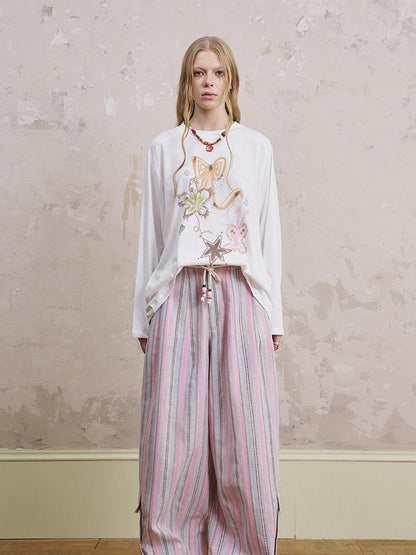 DIDDI MODA Breathable Striped Linen Feel Cotton Wide Leg Pants