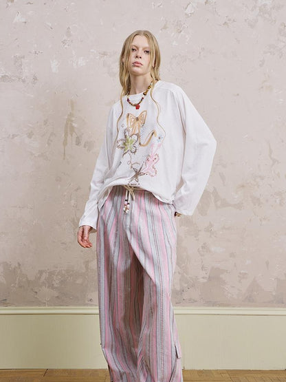 DIDDI MODA Breathable Striped Linen Feel Cotton Wide Leg Pants