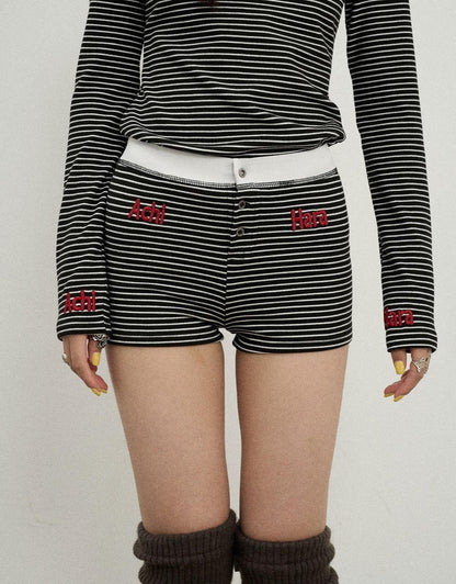 Achihara Breton Raspberry Elastic Waist Striped Shorts