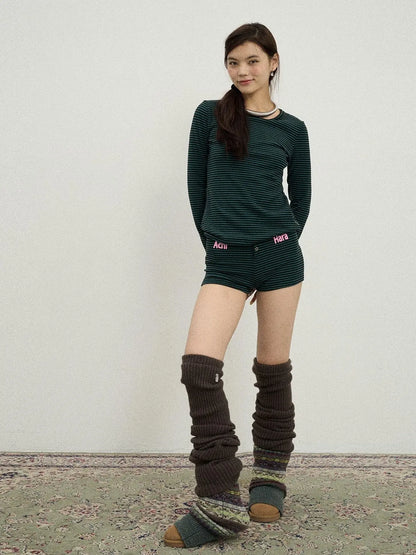 Breton Raspberry Elastic Waist Striped Shorts