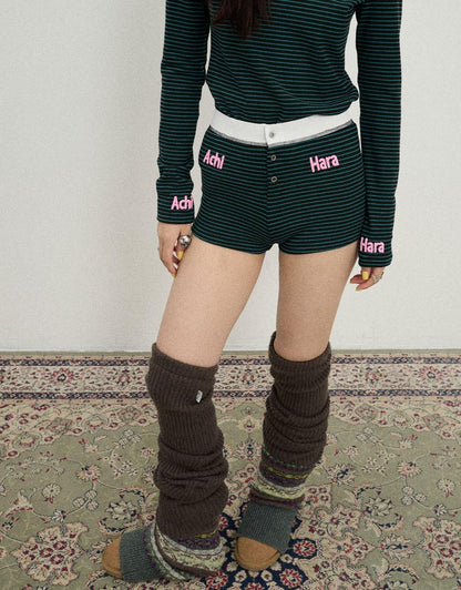 Achihara Breton Raspberry Elastic Waist Striped Shorts