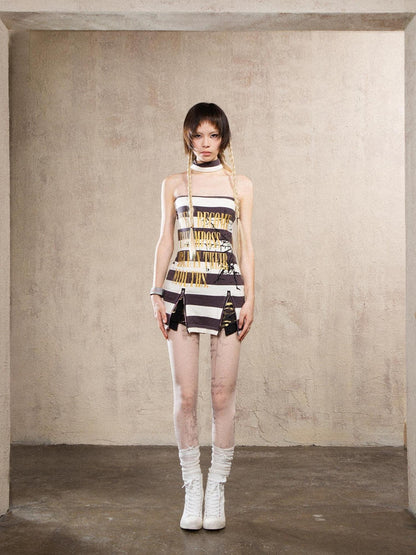ARIADNAw Bronze Slim Striped Punk Mini Dress