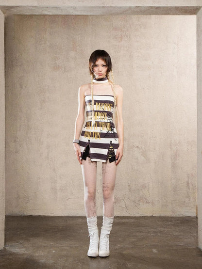 Bronze Slim Striped Punk Mini Dress