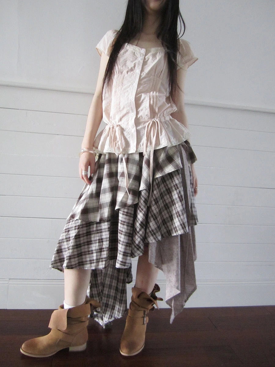 Vintage Plaid Skirt With Asymmetrical Hem And Elastic Waist
