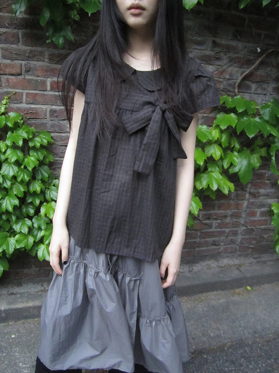 Korean Retro Brown Check Bow Tie Short Sleeve Shirt