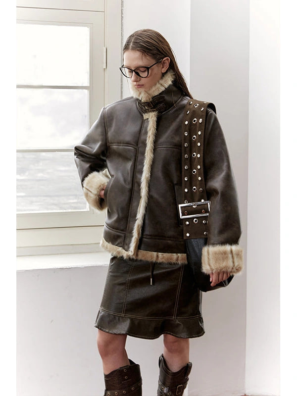 Vintage Brown Shearling Leather Jacket With Fur Collar