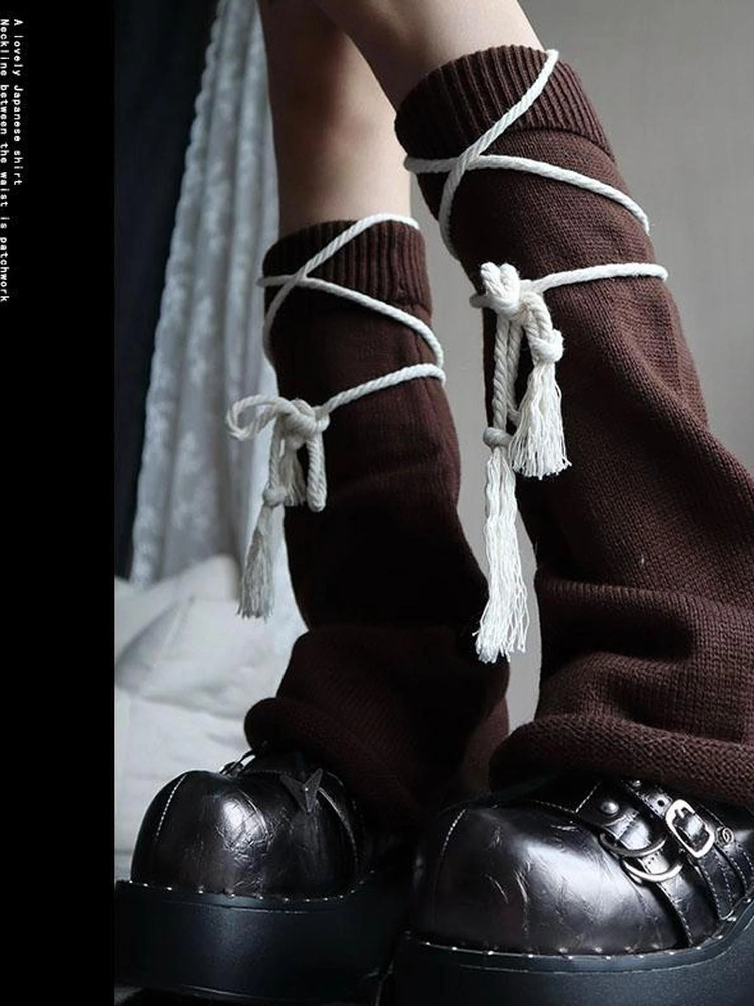Brown Belt Leg Warmers Y2K Knit Sexy Fashion Unisex Subculture