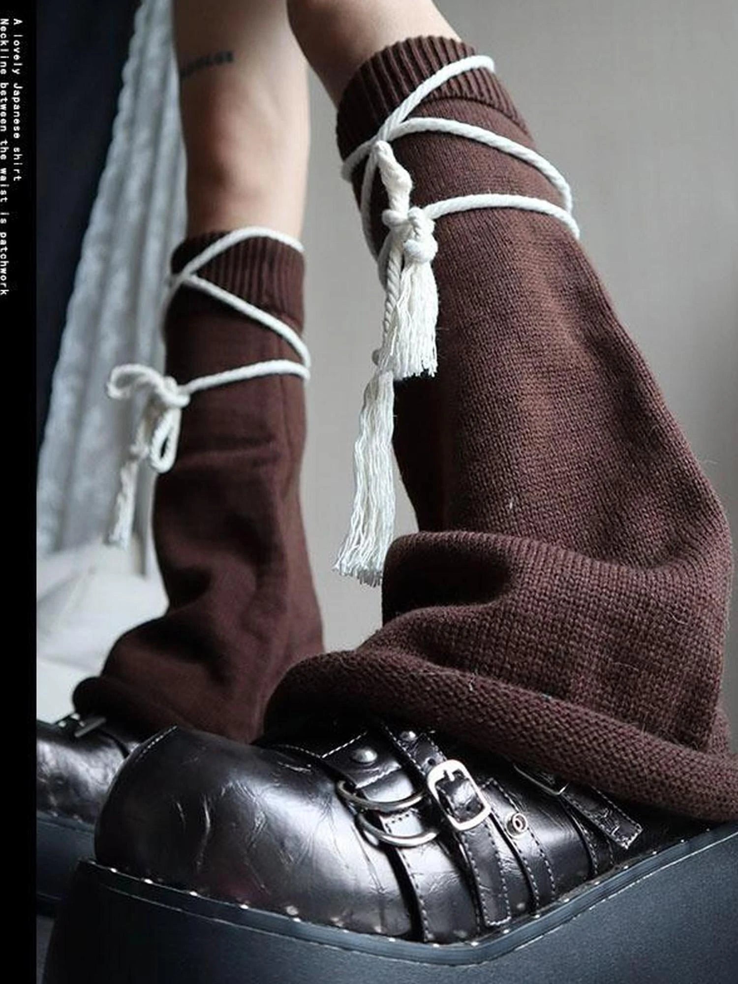 Brown Belt Leg Warmers Y2K Knit Sexy Fashion Unisex Subculture