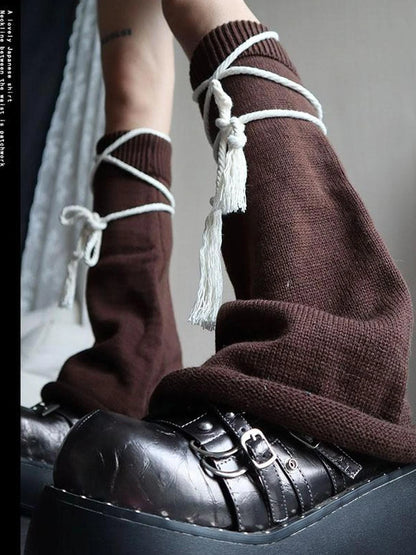 Brown Belt Leg Warmers Y2K Knit Sexy Fashion Unisex Subculture