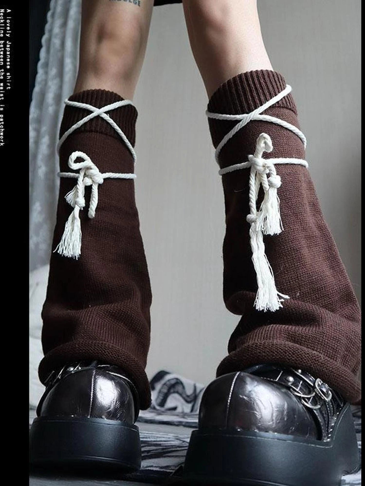 Brown Belt Leg Warmers Y2K Knit Sexy Fashion Unisex Subculture