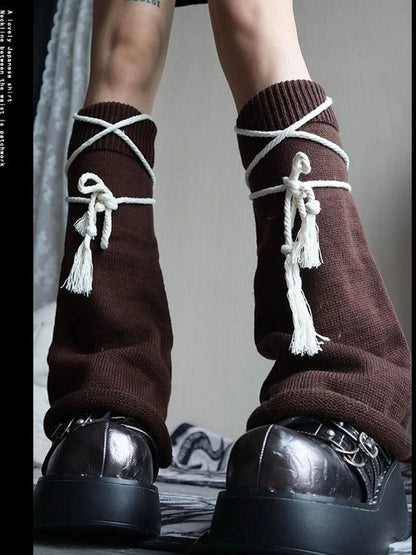 Brown Belt Leg Warmers Y2K Knit Sexy Fashion Unisex Subculture