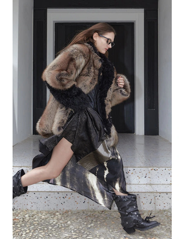 Vintage Chunky Color Block Faux Fur Winter Coat