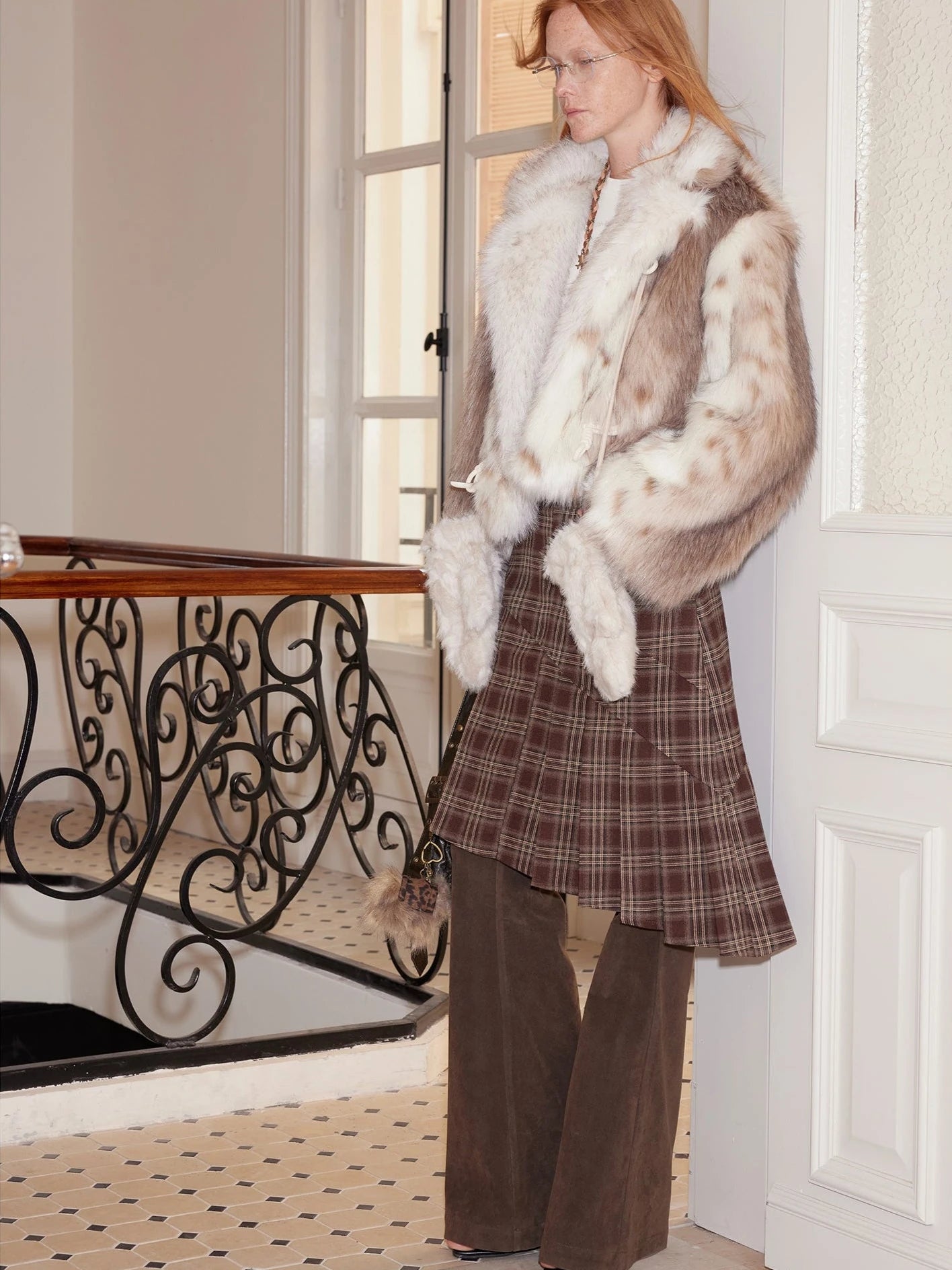 Flared Suede Skirt Pants With Plaid Layering